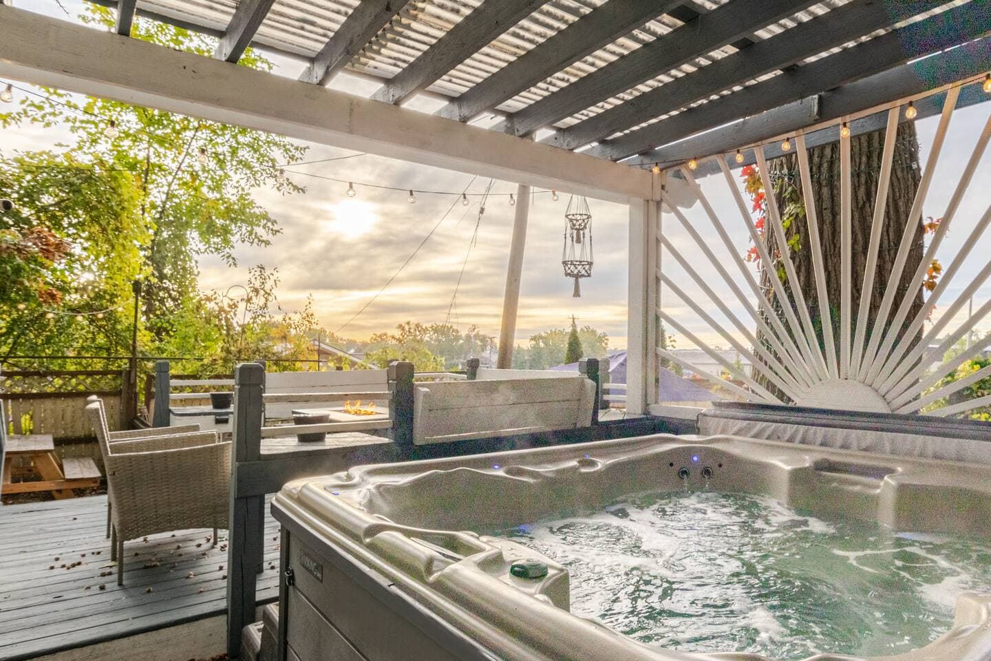 Hot tub on the deck at golden hour
